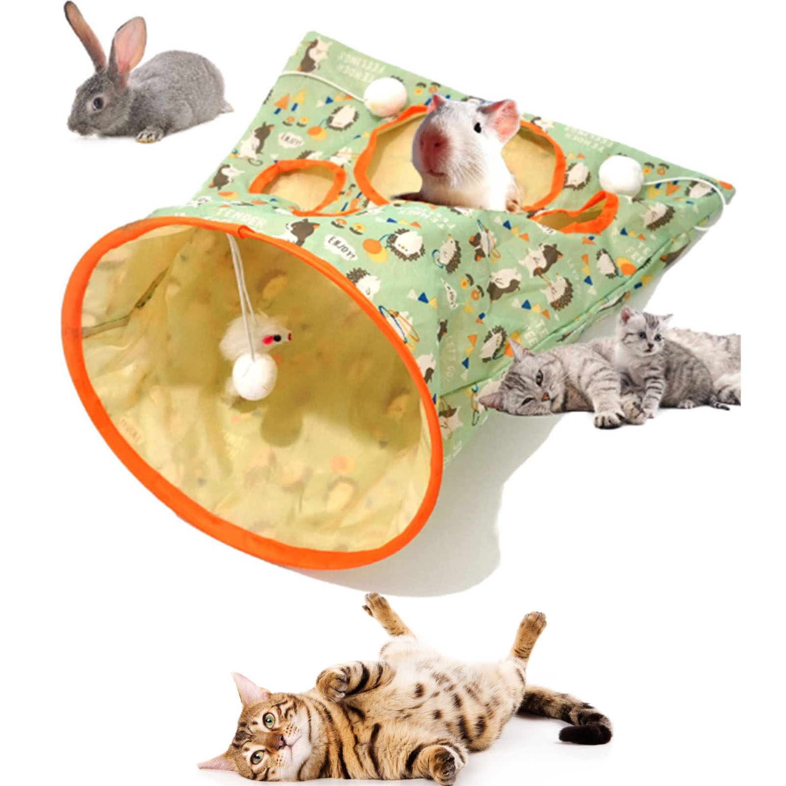 Cat Tunnel Bag Foldable Interactive 5 Holes Crinkle Sounds Tunnel Pet Drill Bucket With Plush Balls For Cats Kittens