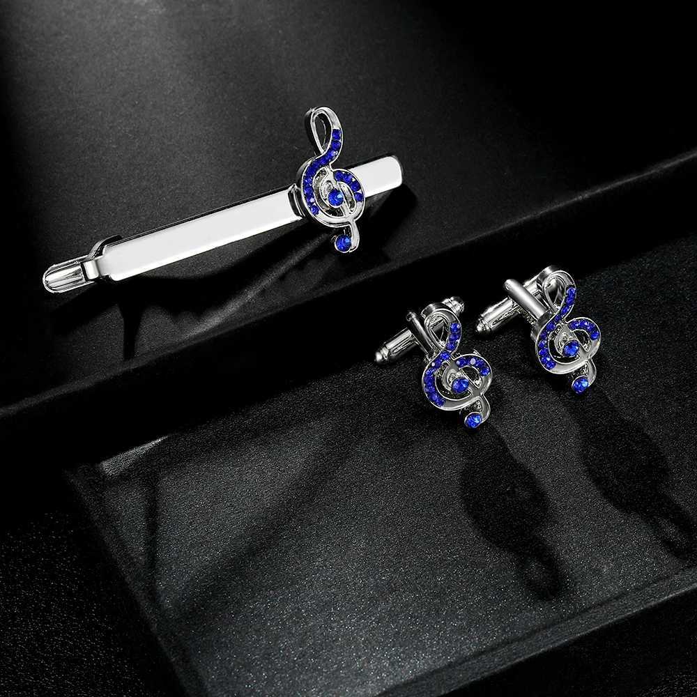 2 PCS Mens G Clef Cufflink Tie Clip Set With Blue Crystal Paved For Music-Lover Musicians Festival GiftX240914