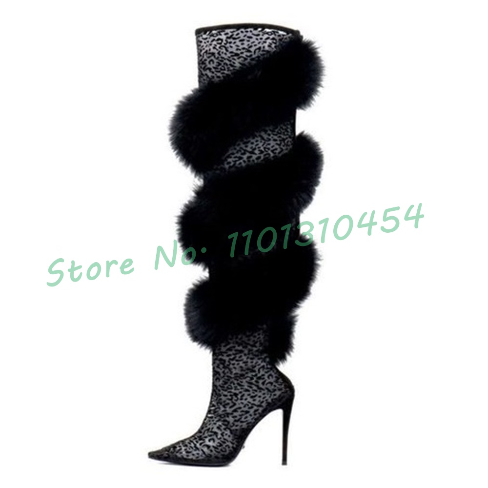 Fur Strap Stretch Thigh High Boots Ladies Leopard Mesh High Heels Women Shoes Spring New In Streetwear Fluff Sexy Black Boots
