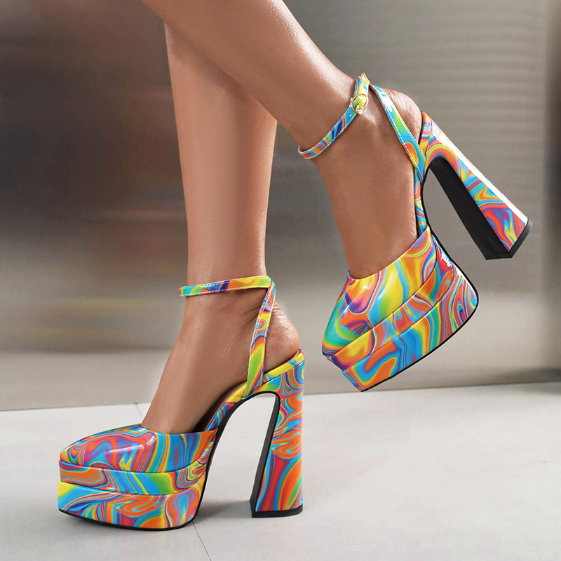 Double-Layer Waterproof Platform Paint Color Glossy Patent Leather Noble Sexy Women's Sandals Ankle Buckle Leopard Sexy Sandals