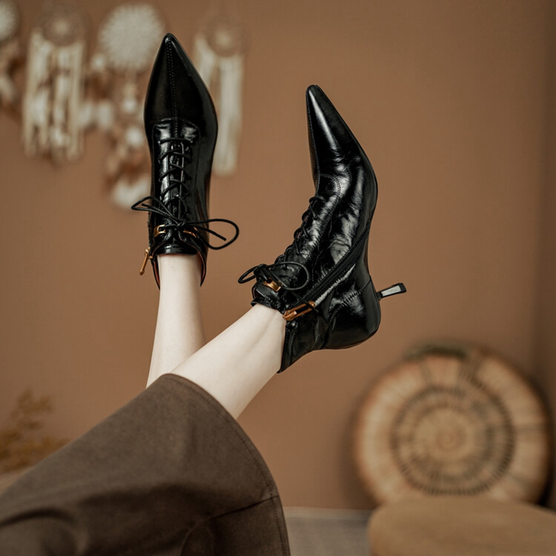 Autumn NEW Pointed Toe Thin Heel Genuine Leather Shoes for Women Elegent Zipper Ankle Solid Winter Boots a889
