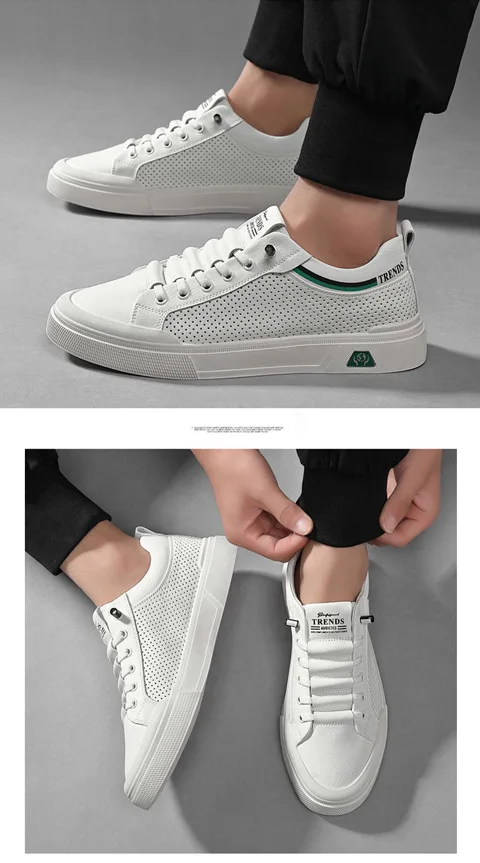 2024 New Shoes for Men Genuine Leather Casual Shoes Summer Breathable Microporous Flat Skateboard Shoes Cow Leather Sneaker