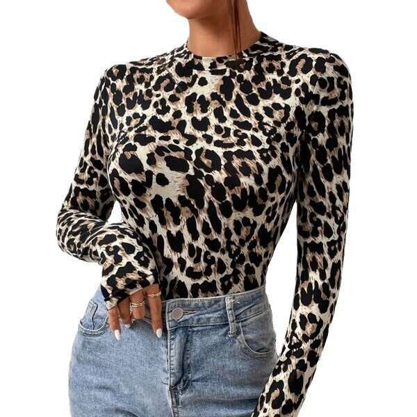 Leopard Womens small stand up collar long sleeved fashionable leopard print tight fitting spicy girl style jumpsuit top