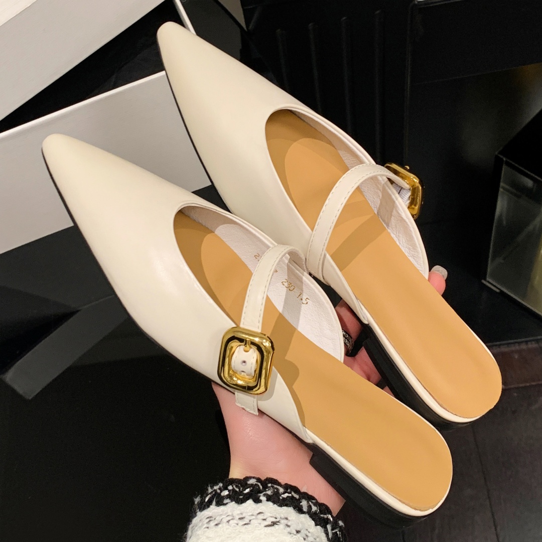 cow Women's leather metal buckle pointed toe slip-on flats sandals high quality female summer mules casual daily slides fac5