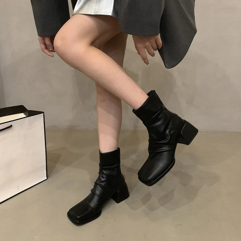 Winter Autumn Women Ankle Boots Fashion Toe Back Zippers Shoes Vintage Square Heels Ladies Short Booties 4fb7