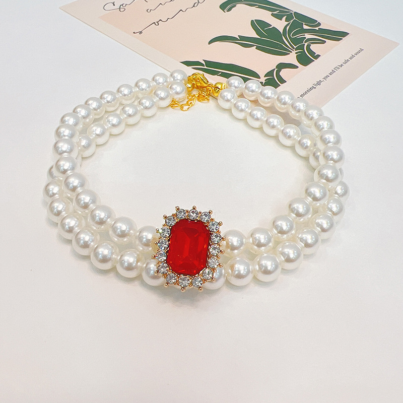 2 Rows Dog Cat Pearls Necklace Collars Bling Rhinestone Diamond Decor Pet Collar Necklace Pet Puppy Kitten Jewelry Accessories