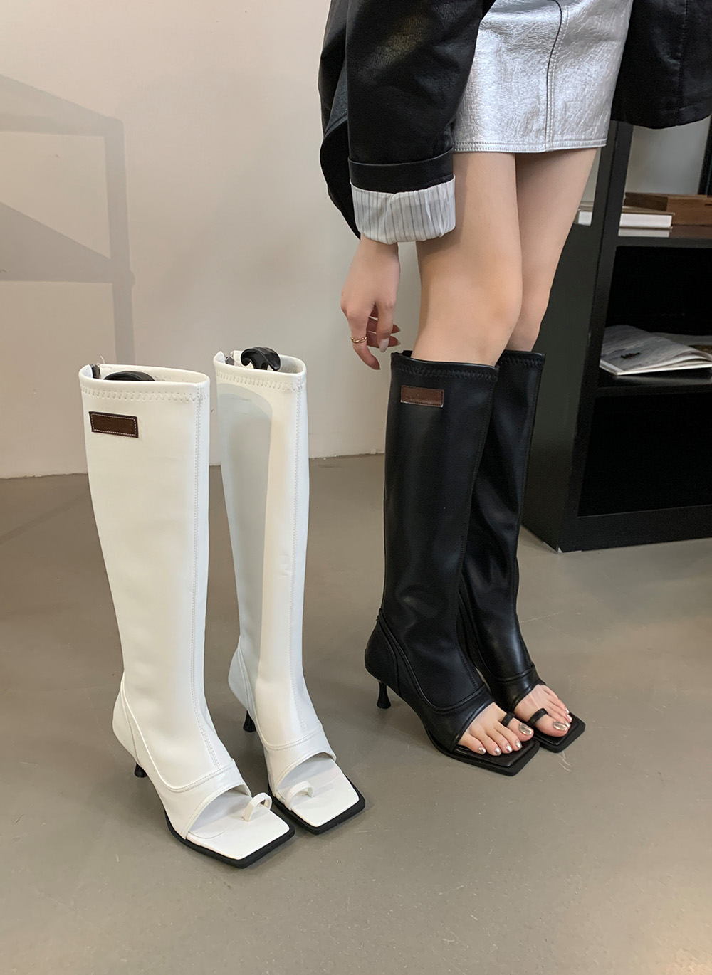 Open Toe Women Sandals Boots Clip Toe Black White Back Zipper Thin High Heels Autumn Winter Chelsea Boots Woman Party Size 35-39