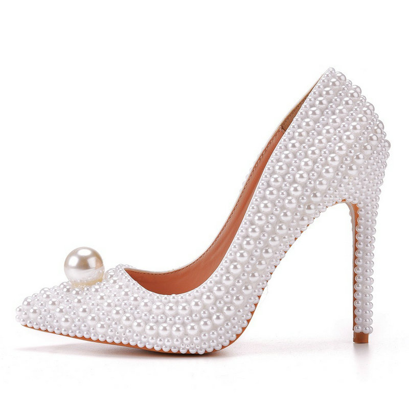 2025 new Pearl 11cm Wedding Thin Heel Pointed Single Shoe Large Size Bride Shoes Dinner Women's Pumps 393a s