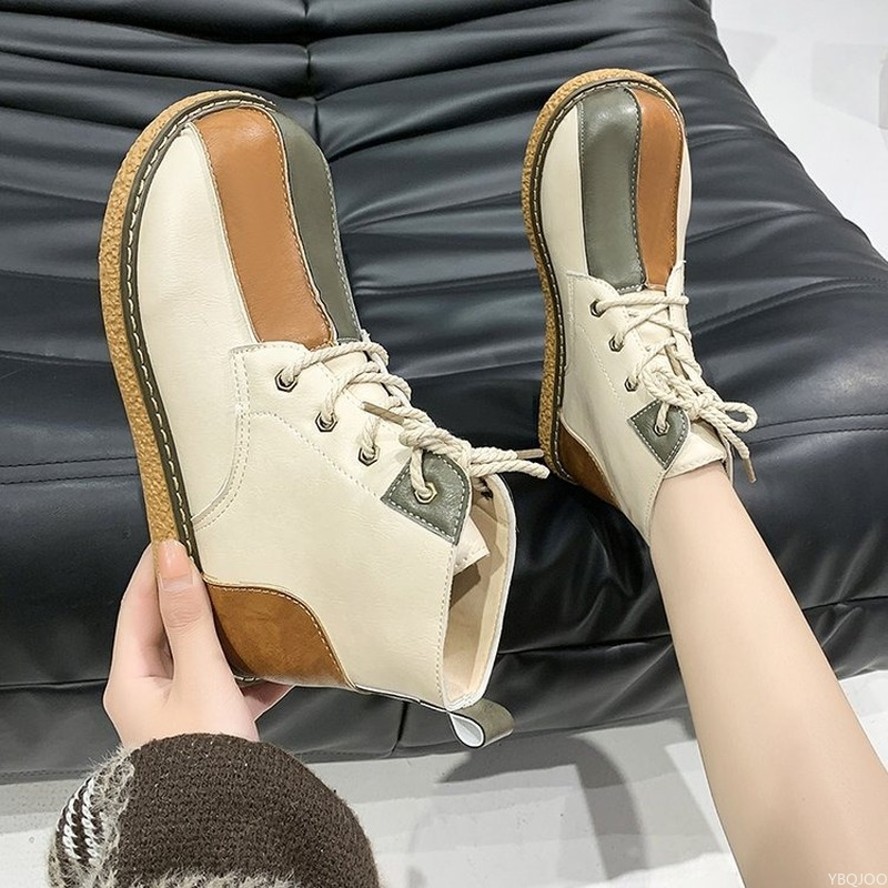 Women Ankle New 2022 Retro Leather Splicing Women's Shoes Vintage Autumn Lace Up Casual Flat Short Boots Botas De Mujer