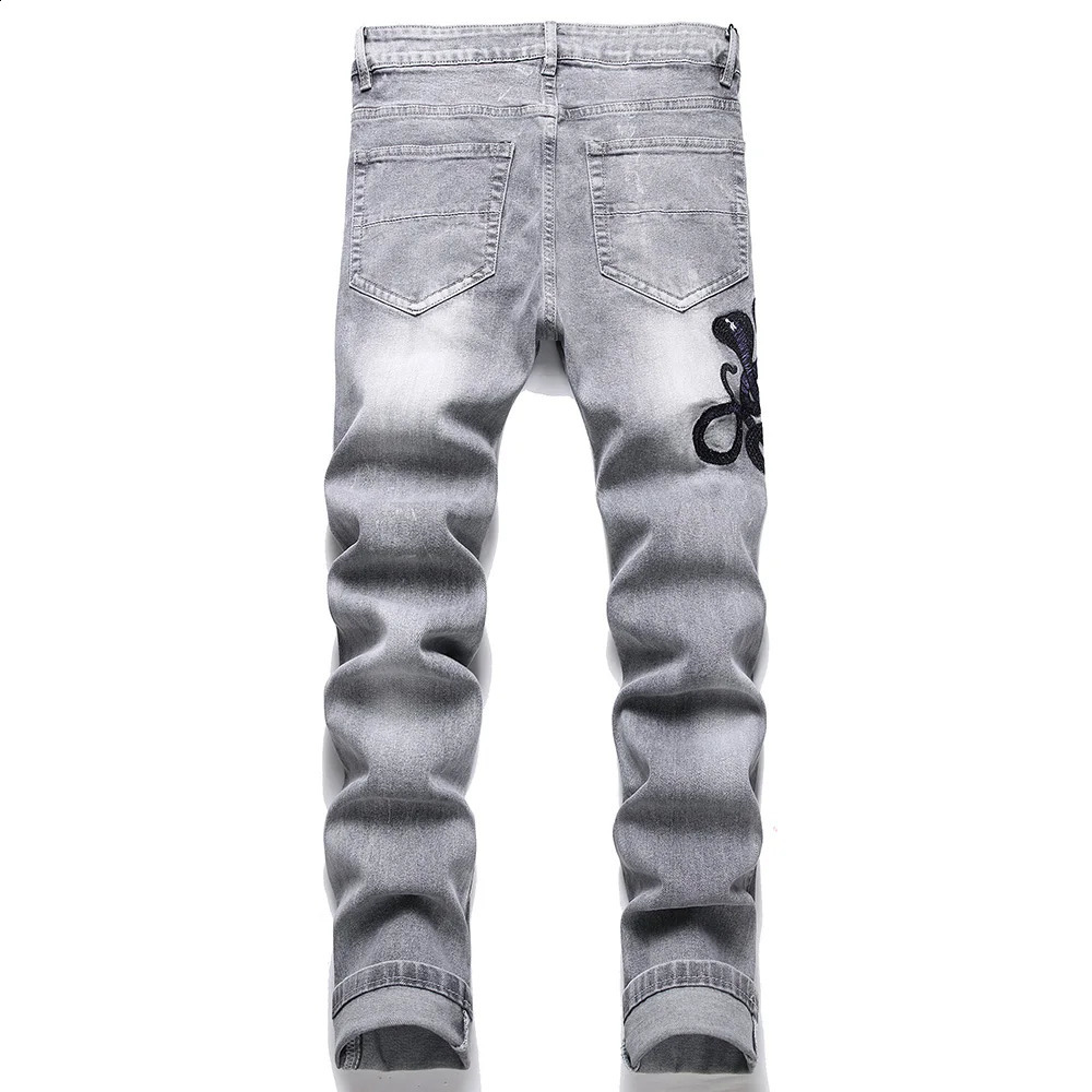 Men Snake Embroidery Gray Denim Jeans Streetwear Holes Ripped Distressed Stretch Pants Embroidered Slim Straight Trousers 240913