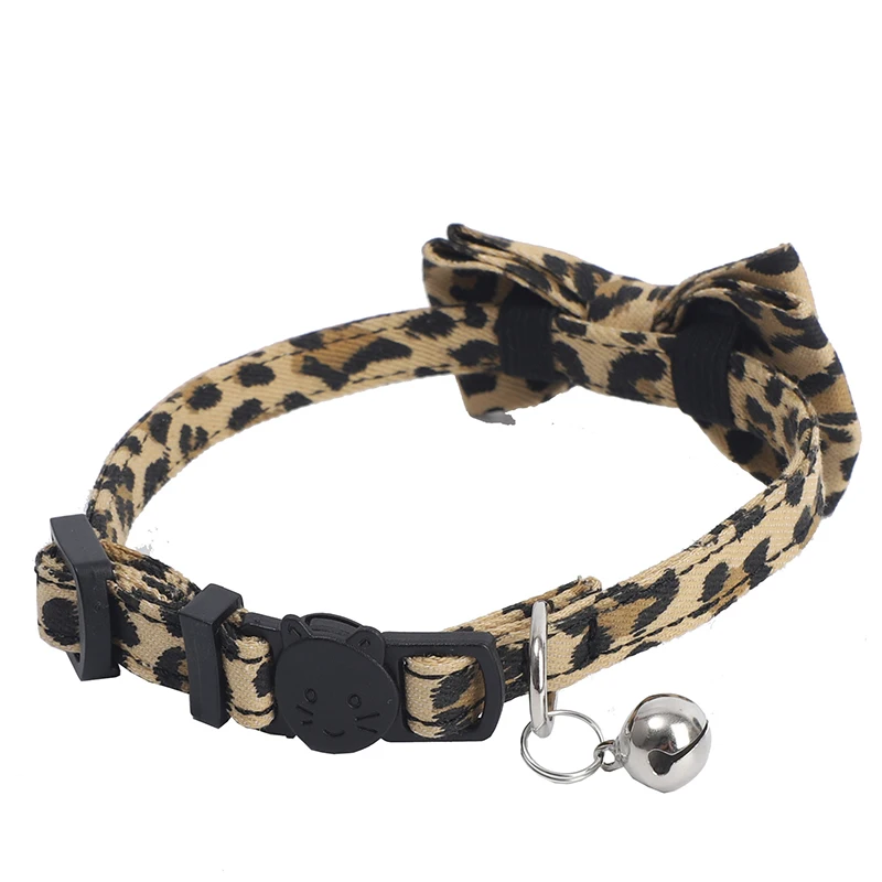 Leopard Pattern Cat Collar Breakaway Adjustable with Cute Removable Bowtie and Bell for Kitty and Other Small Dogs Pets Walking