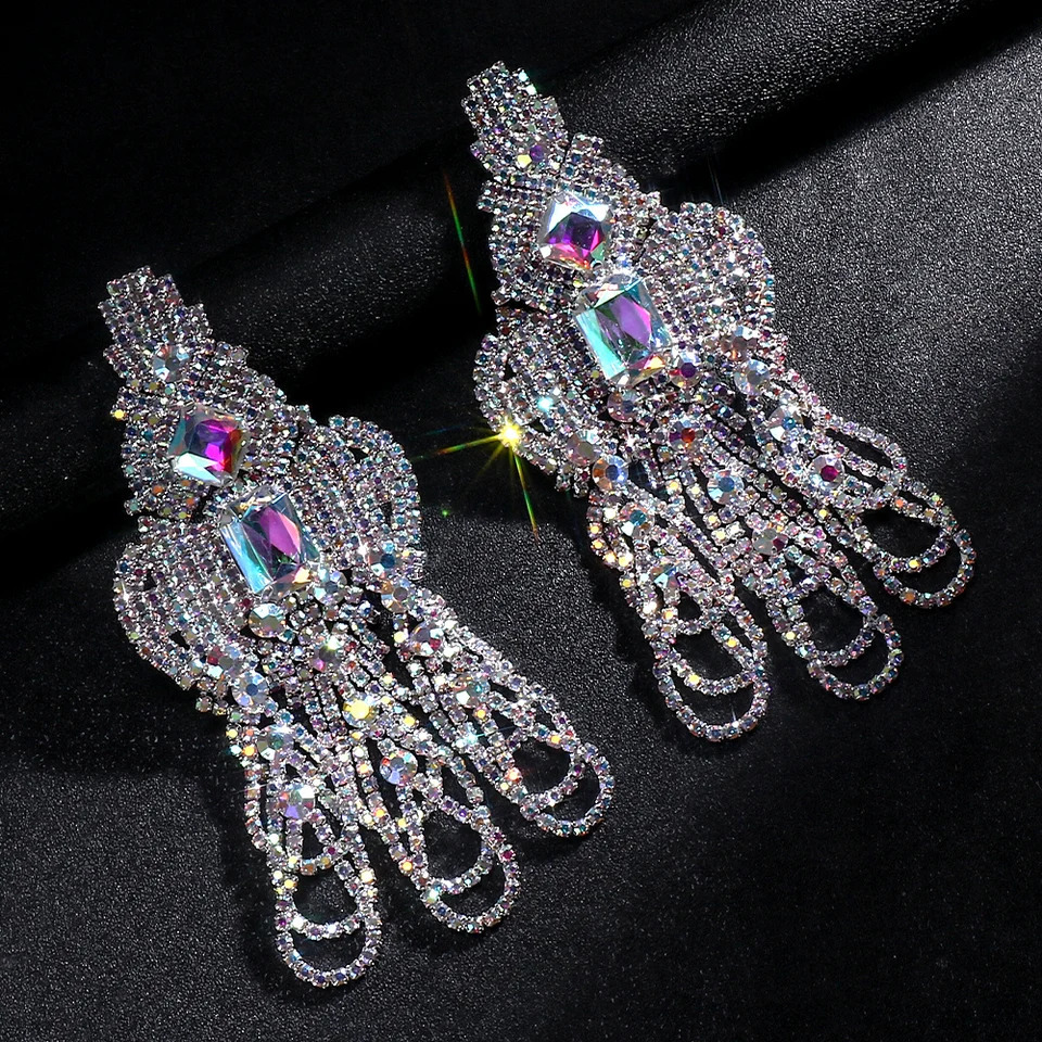 Statement Colorful Hollow Exaggerate Earrings Multilayer Prom Jewelry Elegant Large Rhinestone Dangle Earrings Christmas Gift 240914
