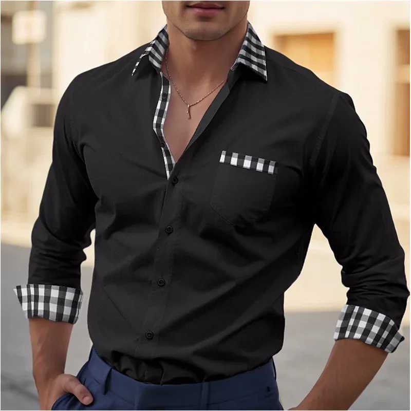 Mens Shirts Formal Button Up Shirt White Long Sleeve Color Block Stand Collar Spring Office Career Wedding Party Outfit Pocket Z240914