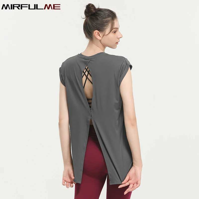 Summer Loose Yoga Shirts Women Hollow Out Short Sleeves Running T-Shirts Quick Dry Sports Forked Tops Gym Workout Fitness Blouse M240914