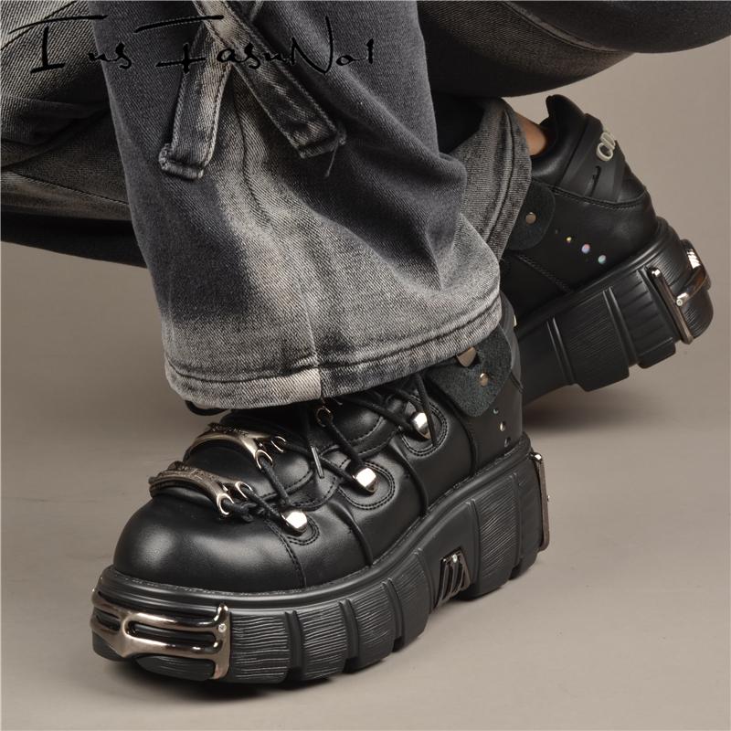 Platform Metal Toe Chunky Sneakers Women's Gothic Punk Style Sneakers Rock Design Black Walking Shoes Casual Female Runway Shoes