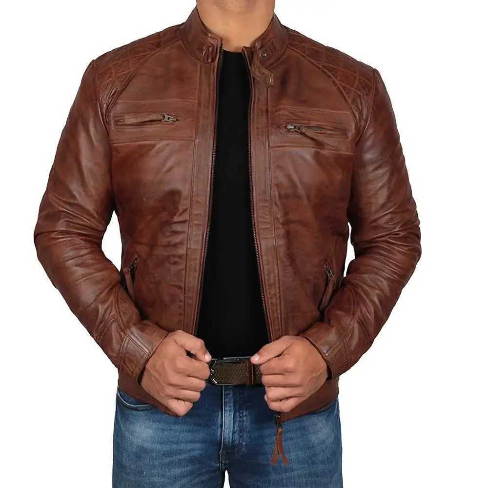 2023 Mens Motorcycle Leather Jacket Autumn/Winter Large Standing Collar Coat JacketX240913