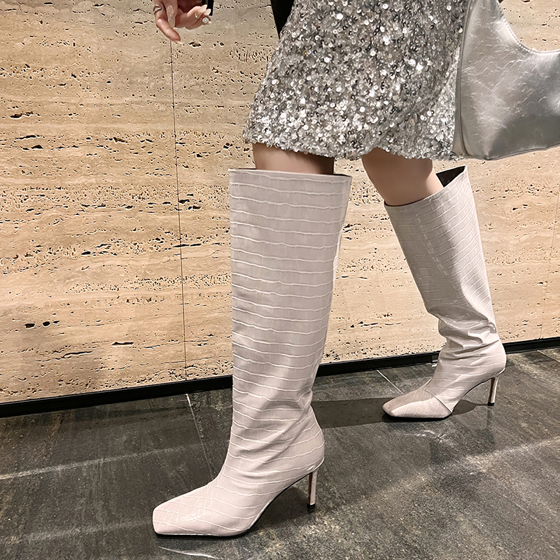 JOZHAMTA Size 34-42 Women Knee Stiletto High Heels Shoes Winter Stone Pattern Slip On Office Party Long Tall Boots