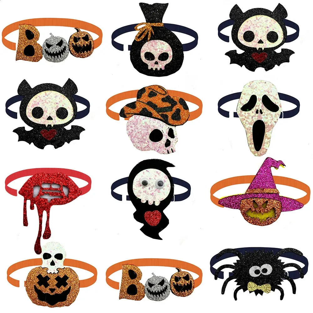 50 Halloween mixed color dog bow ties puppy pet necklaces skull pumpkin style pet grooming accessories 240914