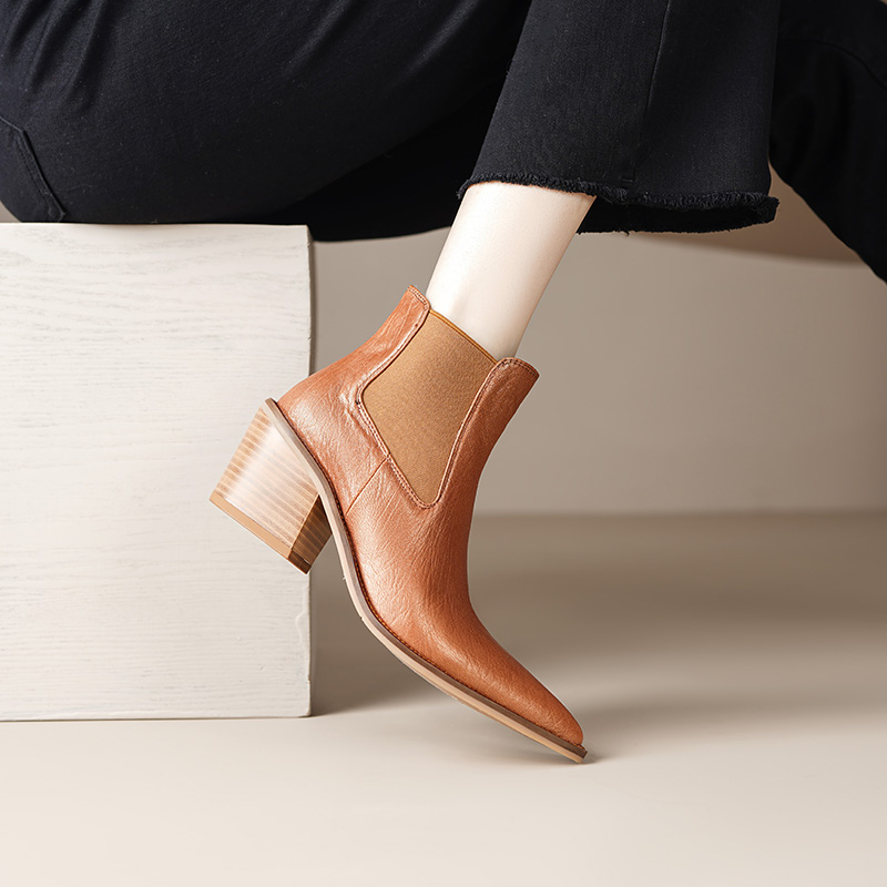 2024 Women Pointed Toe Chunky Ankle Shoes Winter Western Cowboy Sheepskin Boots Genuine Leather 6c4b