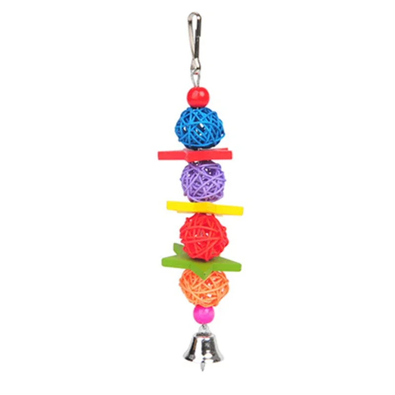 Parrot Chew Strands Wooden Bird Parakeet Bite Molar Toys Rattan Ball With Bell For Pet Bird Cage Hangable Chewing Toy Bird Items