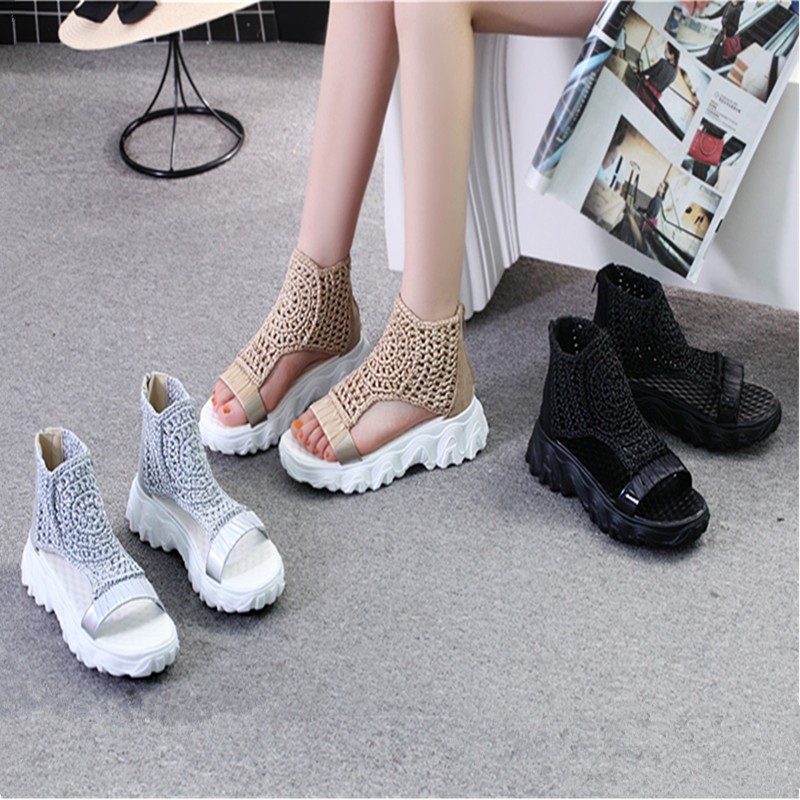 Sandals Women Braided Geometric Wedge Sandals Knitted Elastic Summer Shoes Mesh Flat Sandals Hollow Female Platform Shoes gold