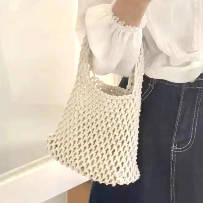 Handmade woven bag Macaron cotton rope hollow handbag handmade 240913
