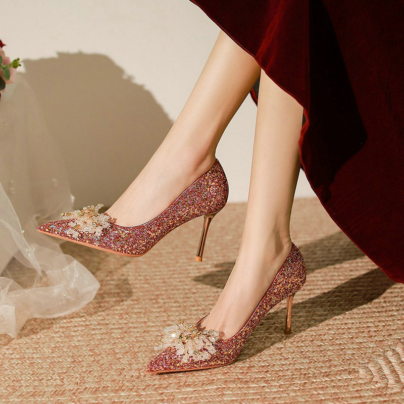 2024 New Elegant High-Grade Wedding Shoes Women French Fine Heel Bride Shoes Red High Heels