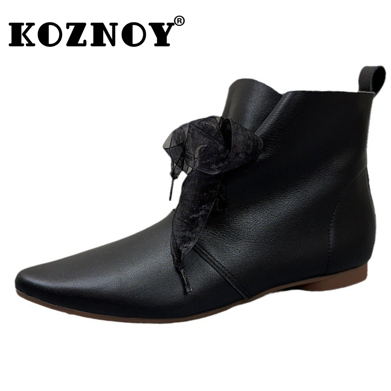 Koznoy 2cm Cow Genuine Leather Boots Luxury Designer Zipper Autumn Spring Ethnic Point Toe Ankle Booties Women Shoes Demi-season