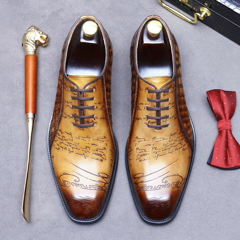 Italian Design Hand Painted Letter Men Wedding Dating Shoes Genuine Leather High Quality Formal Business Dress Shoes