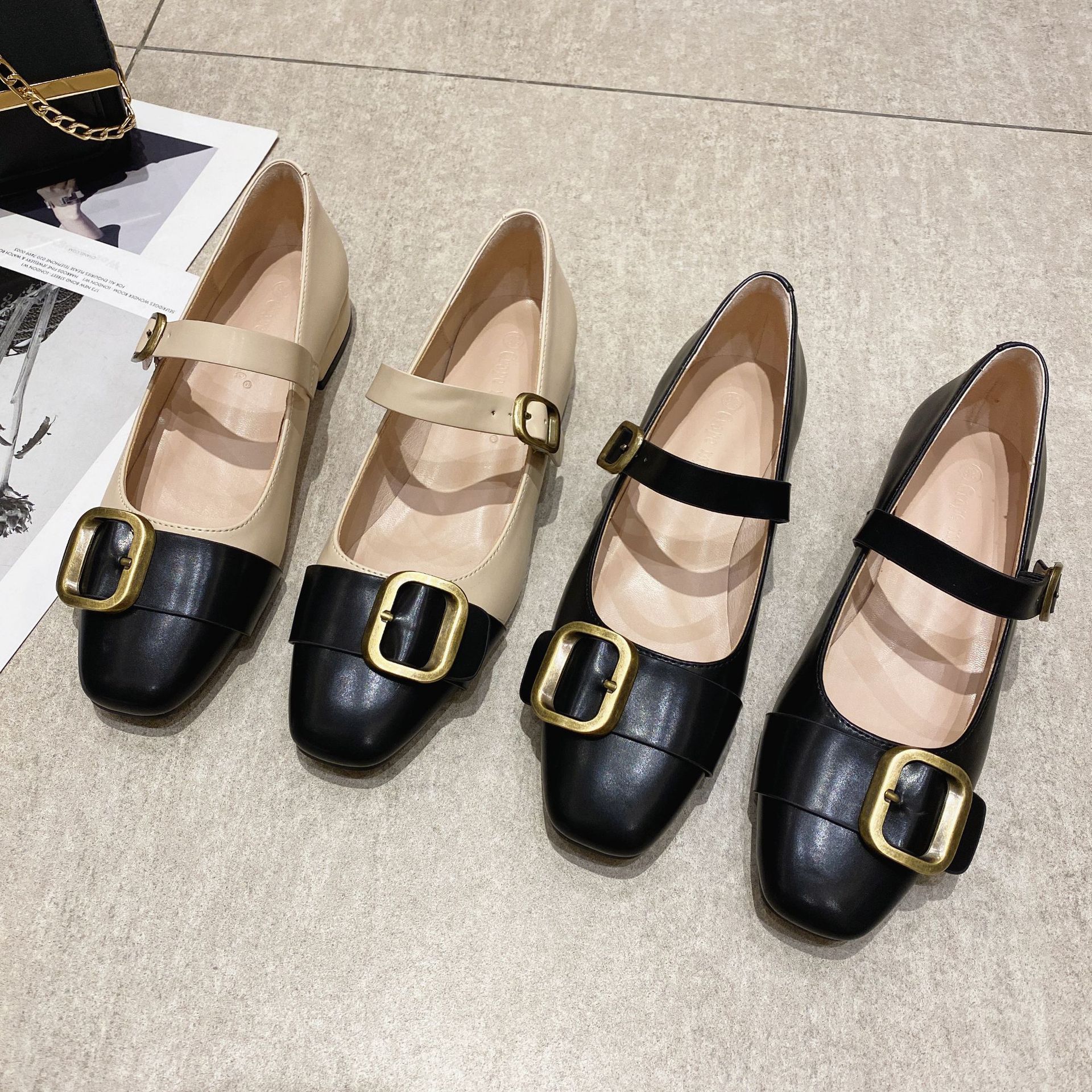 black/beige mixed color low heel leather shoes woman metal buckle mary janes retro square toe ankle belt pumps talon femme 2022
