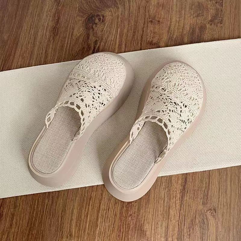 Women's Summer Wear 2024 New Lace Hollowed-out Mesh Shoes with Skirt Cotton Linen Sandals Шлепанцы Женские Летние На Платформе