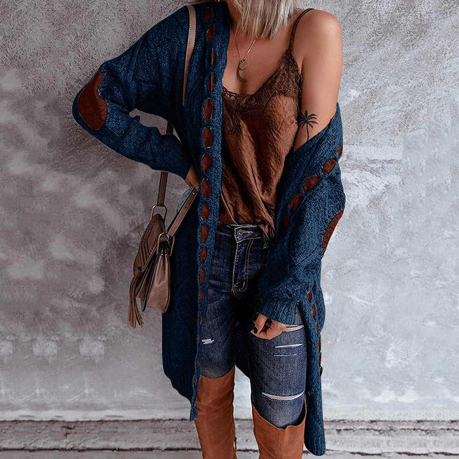 Vintage Women Oversized Hooded Long Cardigan Knitted Sweater Jumper Sweaters Plaid Casual Brown Coat Jersey Mujer Jacket 240904