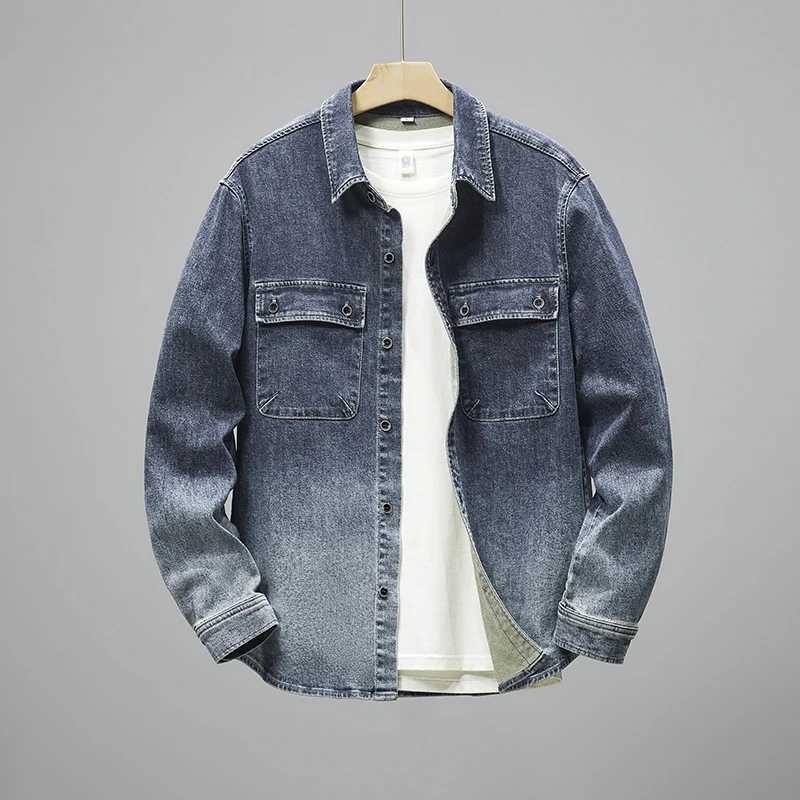 Korean version fashion wash gradient denim shirt mens high-quality street Harajuku casual jacket mens model W240914