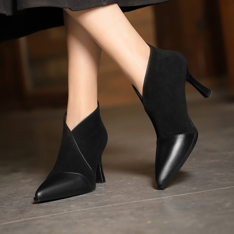 Autumn NEW Sheep Suede for Women Pointed Toe Thin Heel Ankle Genuine Leather Shoes Modern Boots 99bf