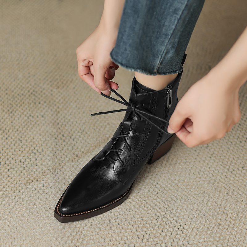 2024 New Autumn Women Boots Pointed Toe Women Shoes Chunky Heel Ankle Boots Winter Western Boots Cowboy Boots Genuine Leather