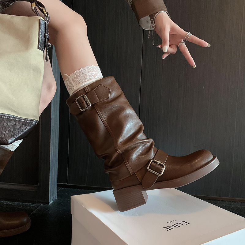 2024 New Autumn/Winter Women Boots Platform Heel Round Toe Chunky Heels Women Shoes Western Boots Mid-calf Genuine Leather