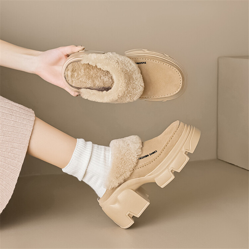 Winter Cow Suede Wool Mules Platform Shoes for Women Round High Heels Chunky Heel Cover Toe Slippers