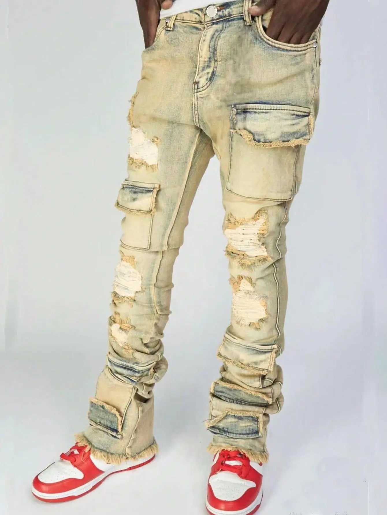 New vintage cargo jeans mens stretch torn washed Y2k pants straight leg mens patch denim Trouser CL240912