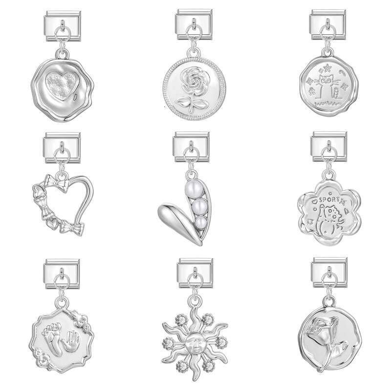 New Women's Gift cat heart flower Pendant Italian Charms Links Bangle Beads Fit 9mm Stainless Steel Bracelet Making DIY For Women Fashion Jewelry