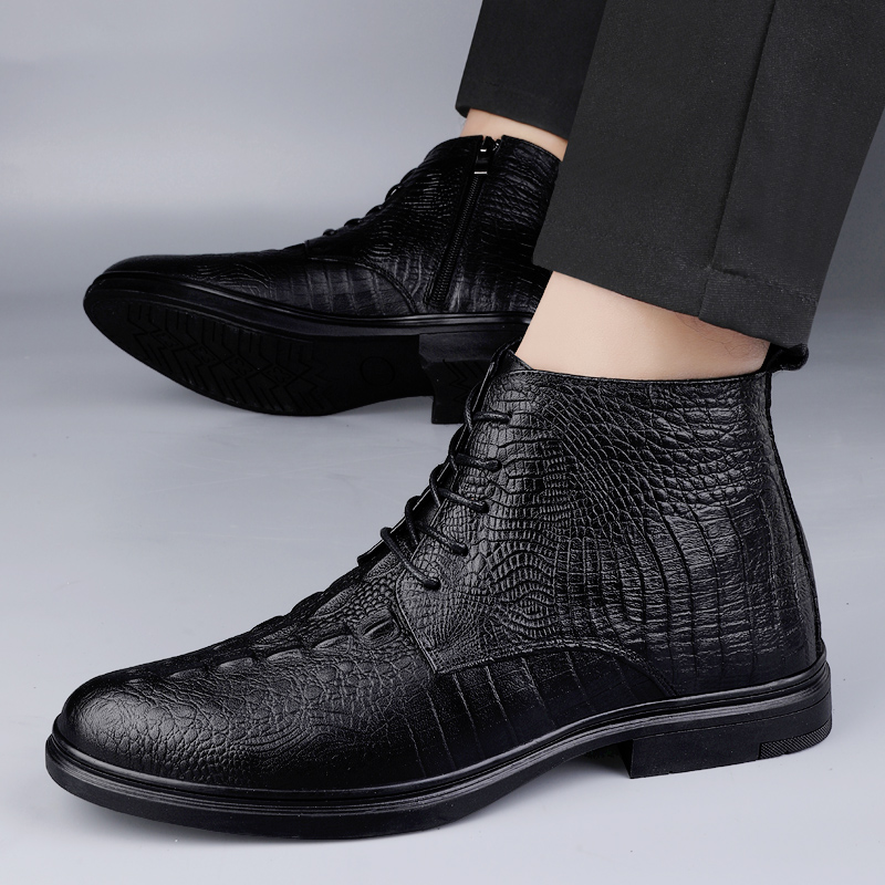 Men Chelsea Ankle Boots Side Zipper High Top Zip Crocodile Pattern Pointed Toe Business British Leather Shoes Party Dress Boots