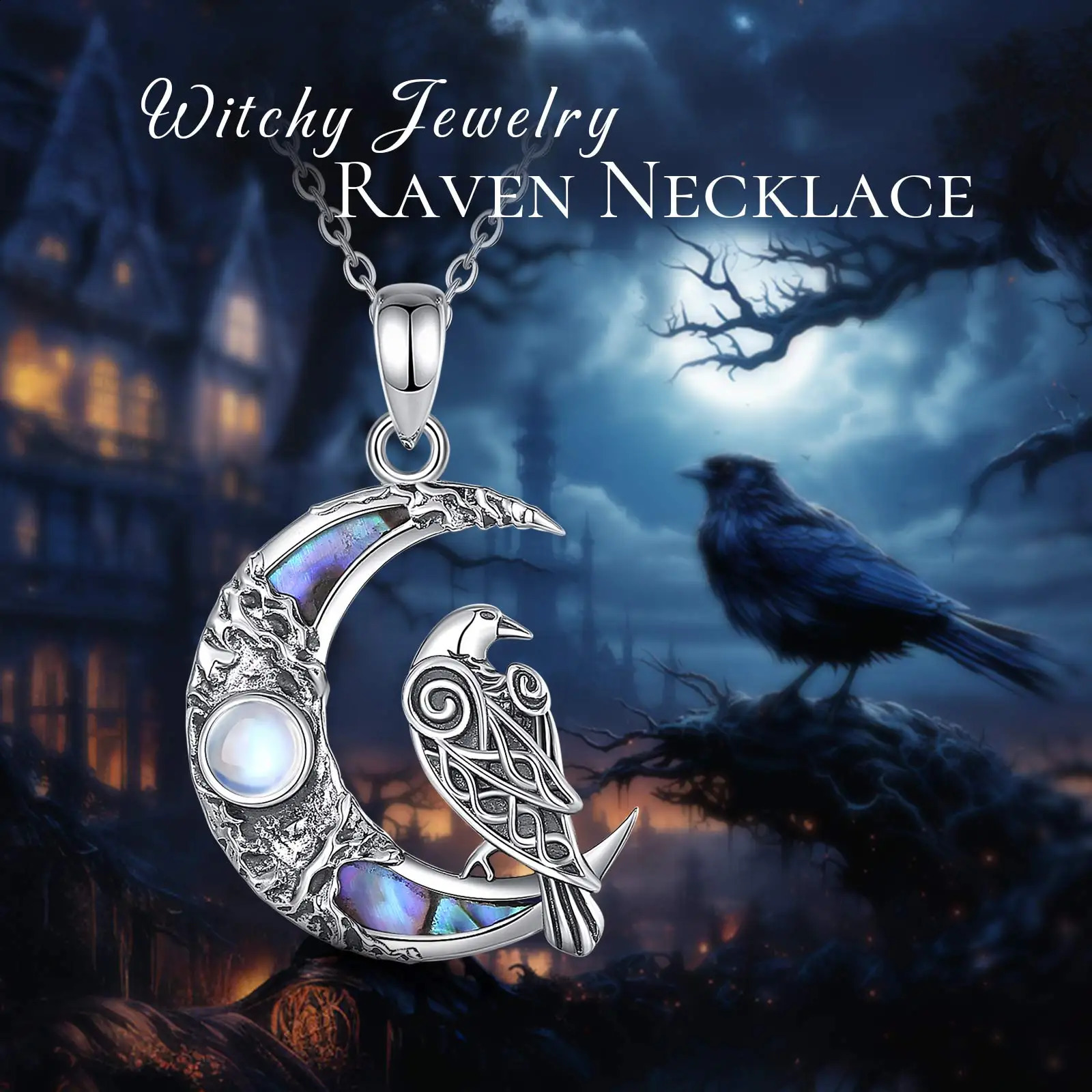 Eudora 925 Pure Silver Viking Crow Moon Necklace for Men Pentagram Talisman Pendant Natural Abalone Shell Jewelry 240912