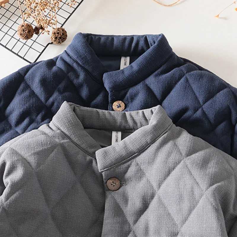 Chinese retro style mens padded apron winter casual loose warm jacket simple and comfortable stand up collar Argyle classic jacket W240914
