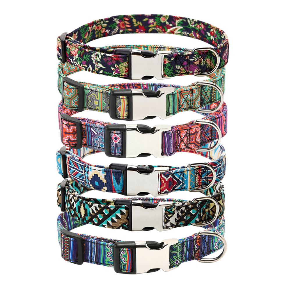 Ethnic Style Custom Dog Collar Personalized Engraved ID Nameplate Metal Buckle Adjustable Pet Collars for Small Medium Large Dog