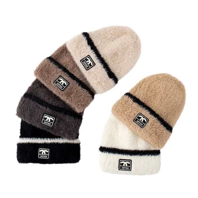 Beanie/Skull Caps A thick and warm knitted hat for autumn and winter women set with wool hat and solid color hat J240913