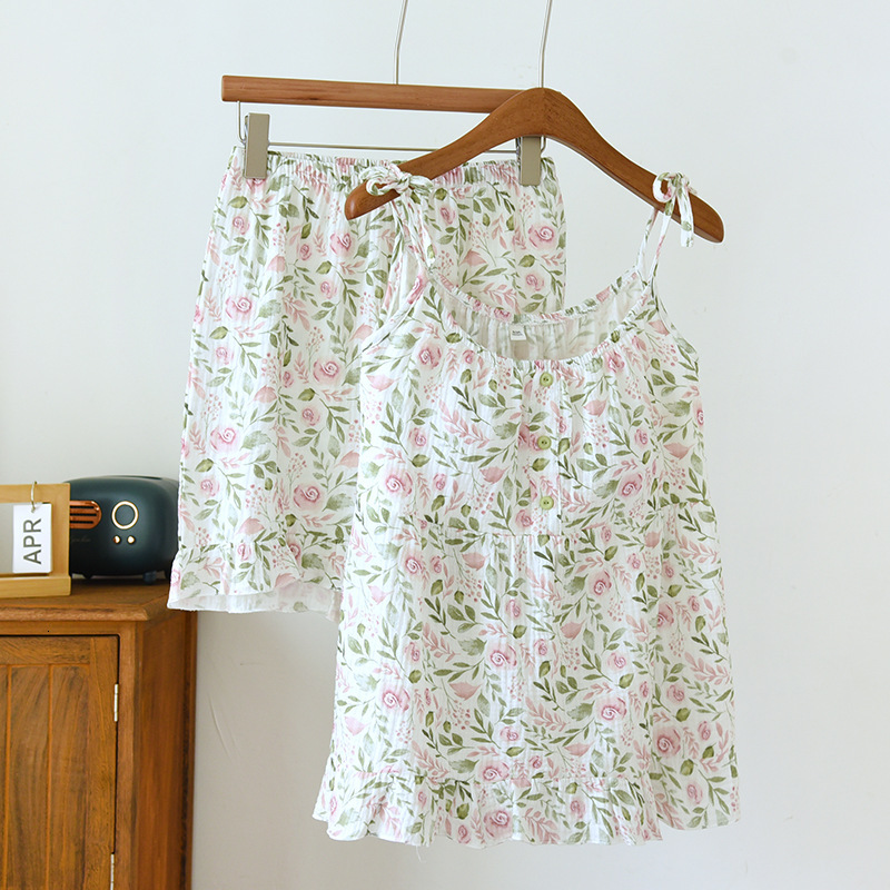2023 NEW Rose-Bush Suspender Summer Girl Pamas Cotton Gauze Short Sleeve Shorts Home Suit Sleepwear With Chest Pad