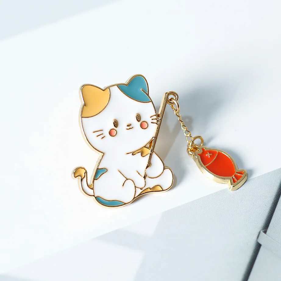 New Fashion Creative Cat Fishing Design Metal Enamel Brooch Cartoon Cute Animal Badge Pin Best Friend Gift Jewelry AccessoriesX240914