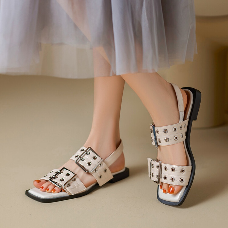 2025 new Summer NEW Split Leather for Women Square Toe Low Heel Casual Metal Belt Buckle Shoes Flat Sandals 99fe
