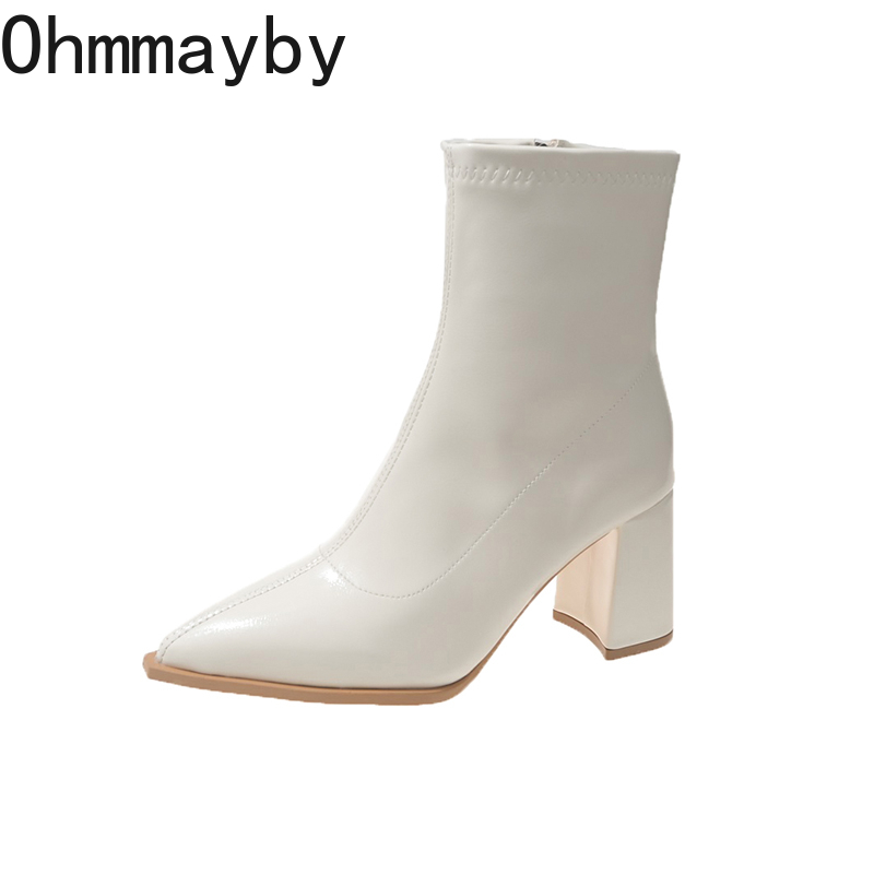 Winter Autumn Women Slim Ankle Boots Fashion Elegant Side Zippers Pointed Toe Shoes Thick Heel Laides Short Booties 03a6