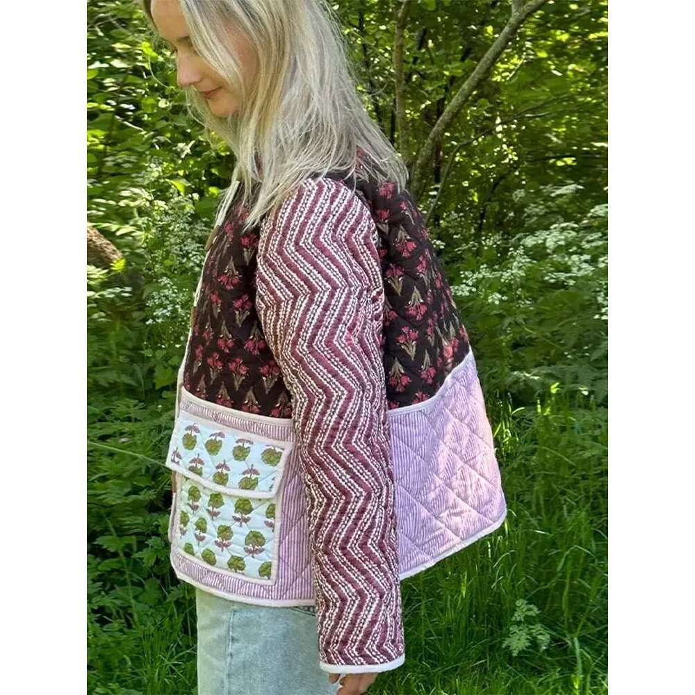 Women Printed Patchwork Two Pockets Cotton Jacket Long Sleeve Contrasting Color Single-Breasted Padded Coat Lady Street Outwear