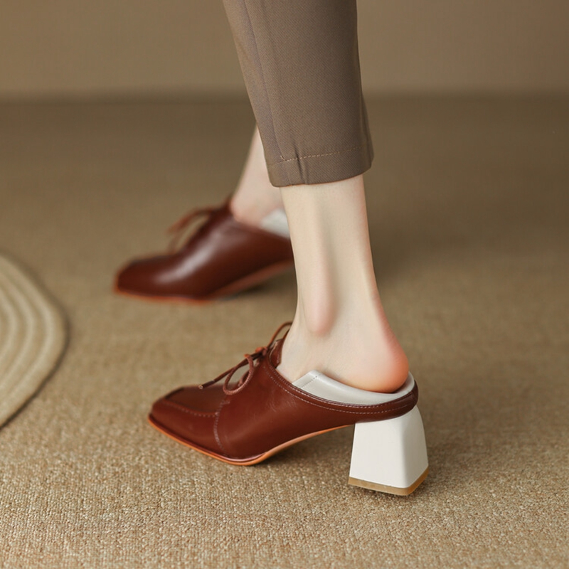 New Spring 2023 Loafers Split Leather Square Toe Chunky for Mixed Colors Mid-heel Women Pumps Lace-up Shoes 1aa3